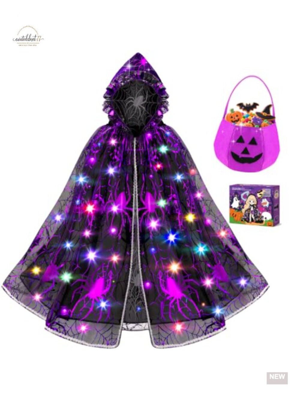 Girls Light Up Witch Cape Halloween Costume Set with Trick or Treat Bag